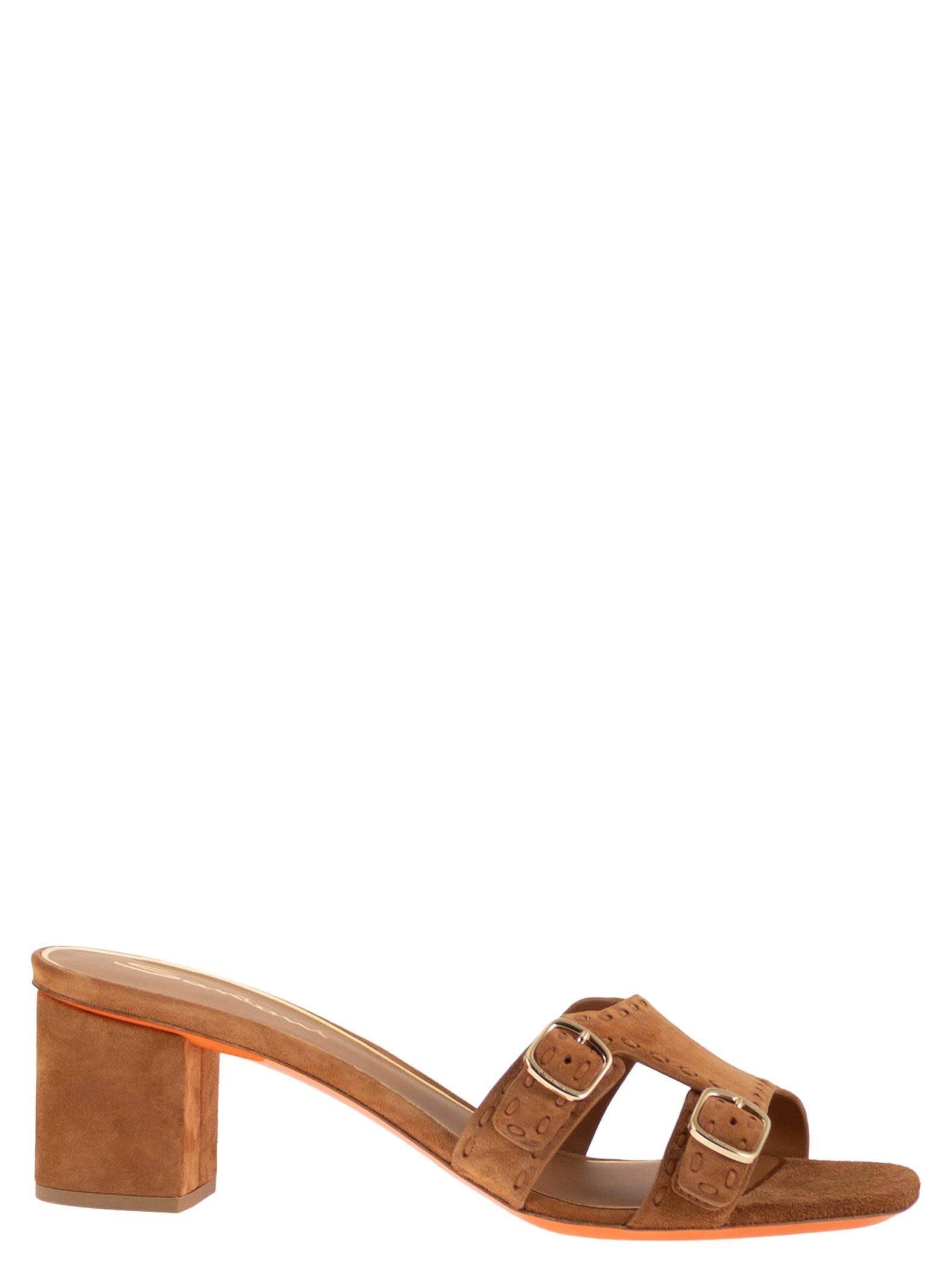 Suede Mule Sandals With Double Buckle And Block Heel